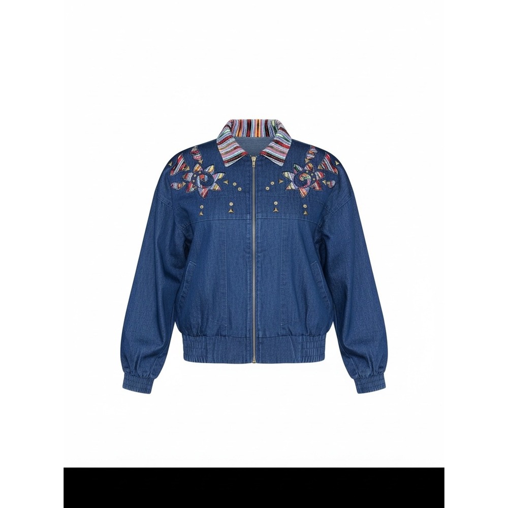 Vintage Info Denim Bomber Jacket Embroidered Sunburst Studded Blue Women XL